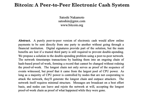 Screengrab showing the title and abstract of the Bitcoin whitepaper